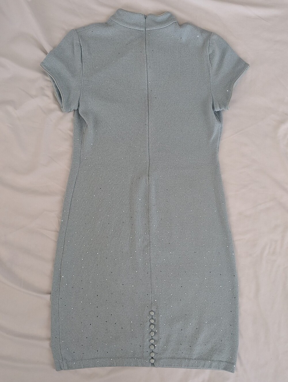 St John Evening Marie Gray Sparkle Pale Blue Knit Asian Midi Sheath Dress Sz 10 - Picture 3 of 15